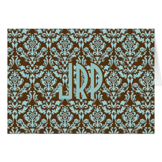 Monogrammed Brown & Blue Damask Card