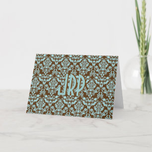 Monogrammed Brown & Blue Damask Note Card