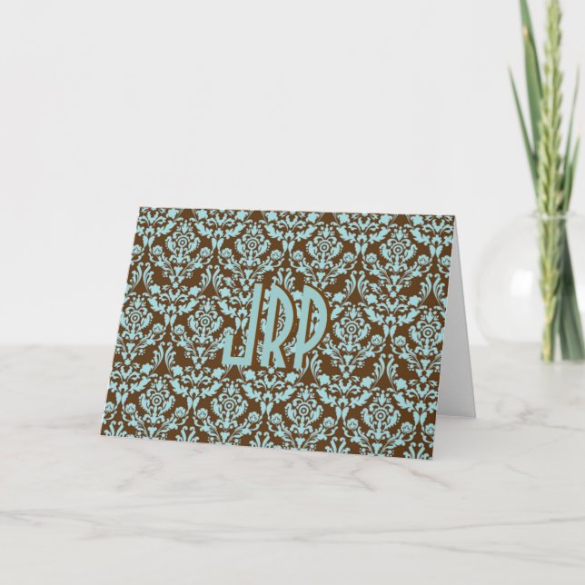 Monogrammed Brown & Blue Damask Note Card (Front)