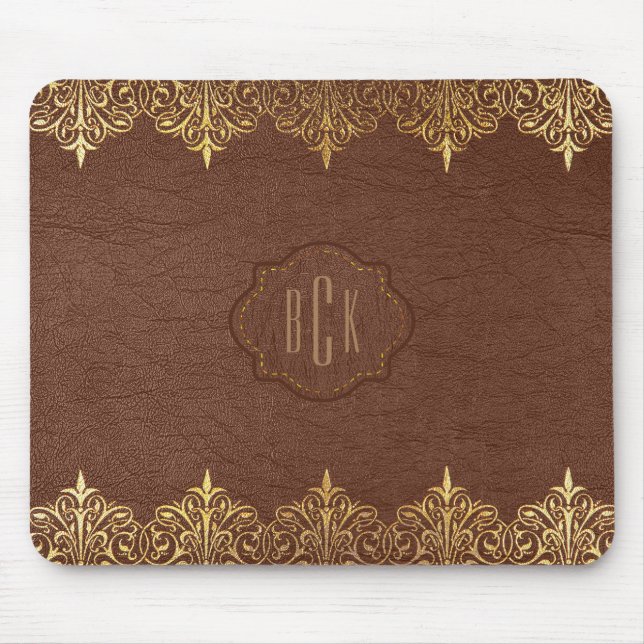 Monogrammed Brown Faux Leather Gold Lace Accent Mouse Pad (Front)