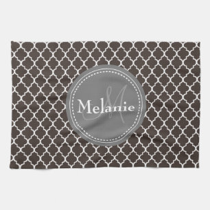 Monogrammed Brown White Moroccan Lattice Pattern Kitchen Towel