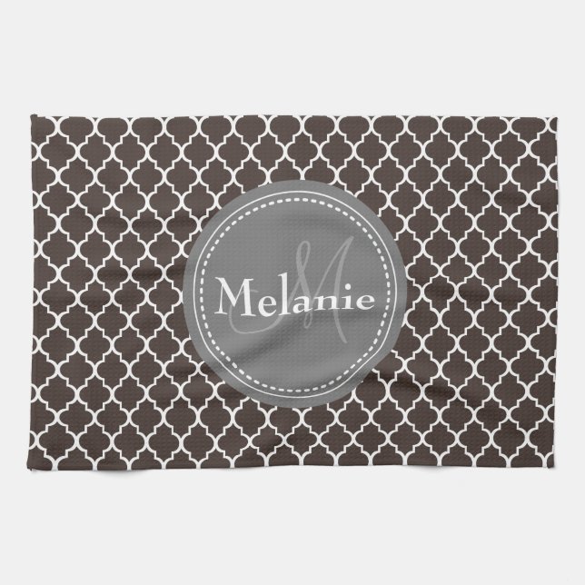 Monogrammed Brown White Moroccan Lattice Pattern Kitchen Towel (Horizontal)