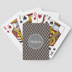 Monogrammed Brown White Moroccan Lattice Pattern Playing Cards