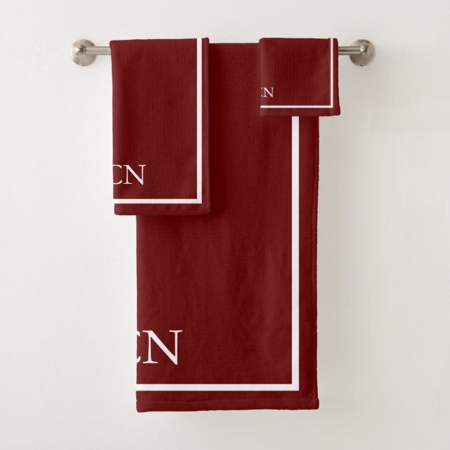 Monogrammed Burgundy Red White Border Classic  Bath Towel Set (Insitu)