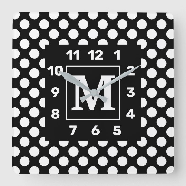 Monogrammed BW Polka Dot Square Wall Clock (Front)