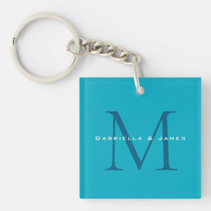 Monogrammed Calligraphy Azure Blue Modern Plain Keychain