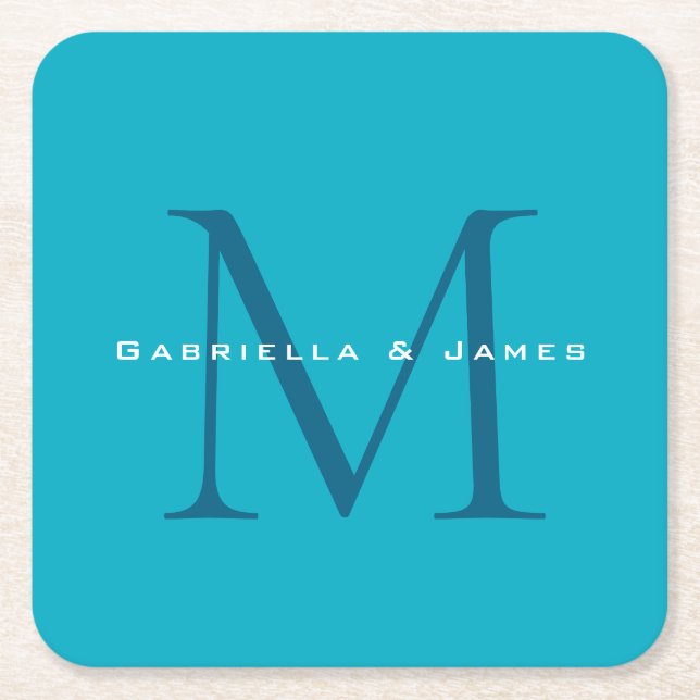 Monogrammed Calligraphy Azure Blue Modern Plain Square Paper Coaster (Front)
