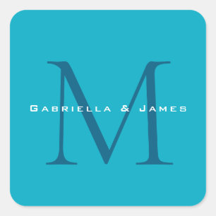 Monogrammed Calligraphy Azure Blue Modern Plain Square Sticker