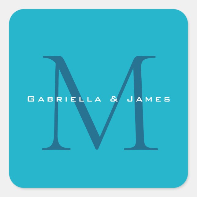 Monogrammed Calligraphy Azure Blue Modern Plain Square Sticker (Front)