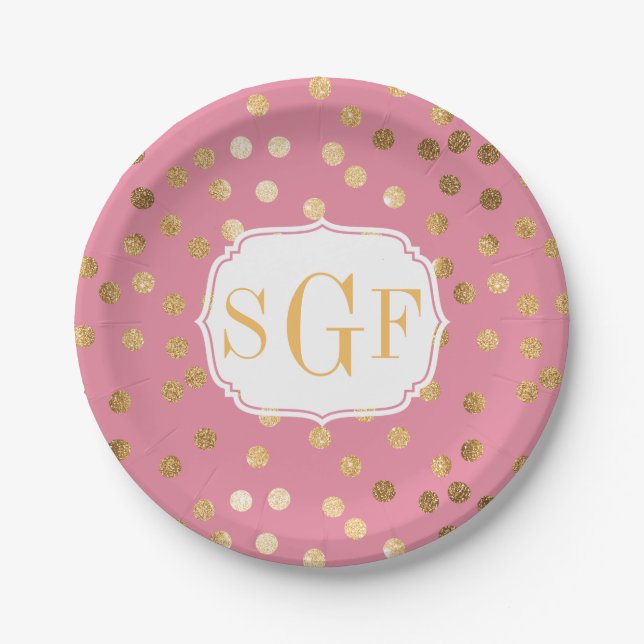 Monogrammed Candy Pink and Gold Glitter City Dots Paper Plate (Front)
