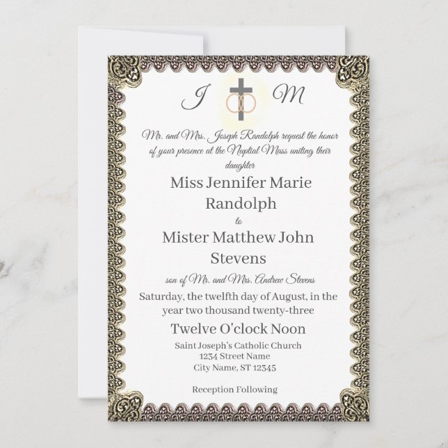 Monogrammed Catholic Vintage Wedding Invitation (Front)