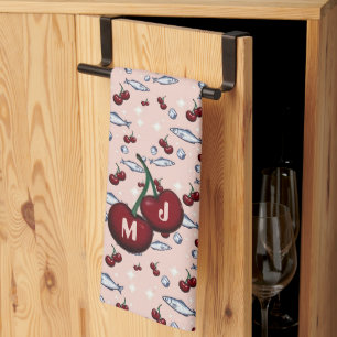 Monogrammed Cherries Sardines Pattern Kitchen Towel