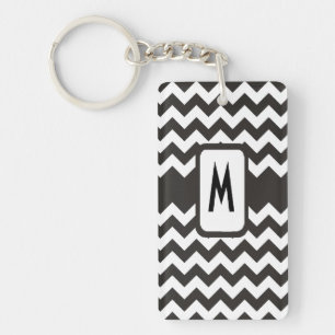 Monogrammed Chevron Keychain: Black, White Zigzags Keychain