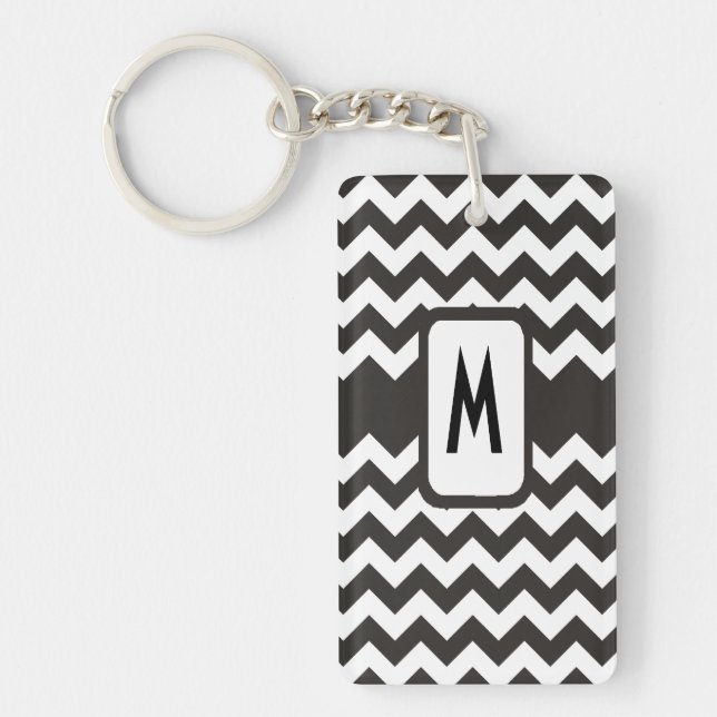 Monogrammed Chevron Keychain: Black, White Zigzags Keychain (Front)