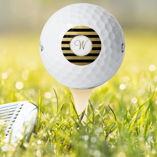 Monogrammed Chic Golf Balls Black Gold Stripe (Creator Uploaded)