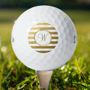 Monogrammed Chic Golf Balls Girly Gold Stripes