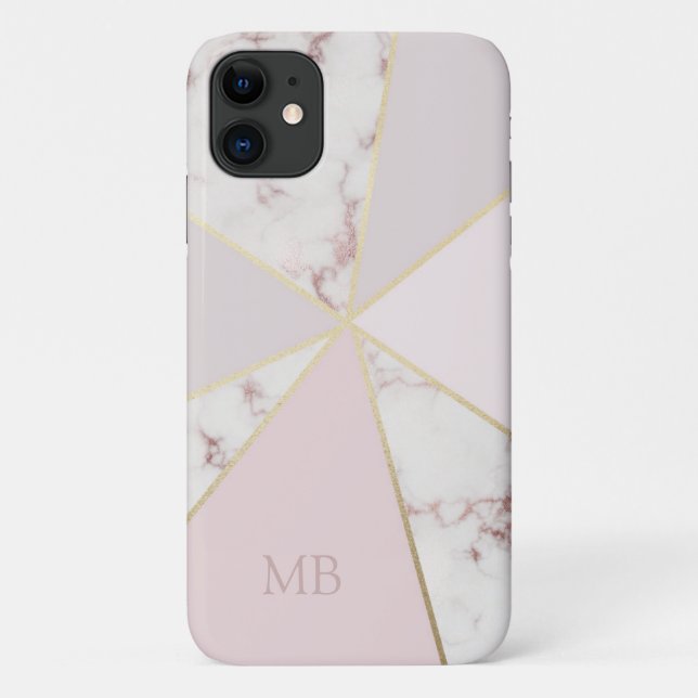 Monogrammed Chic Marble Geometric Pink Gold Case-Mate iPhone Case (Back)