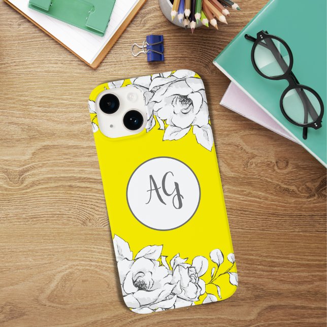 Monogrammed Chic Modern Yellow White Floral Case-Mate iPhone Case (Creator Uploaded)