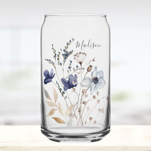 Monogrammed Chic Pretty Watercolor Blue Floral Can Glass