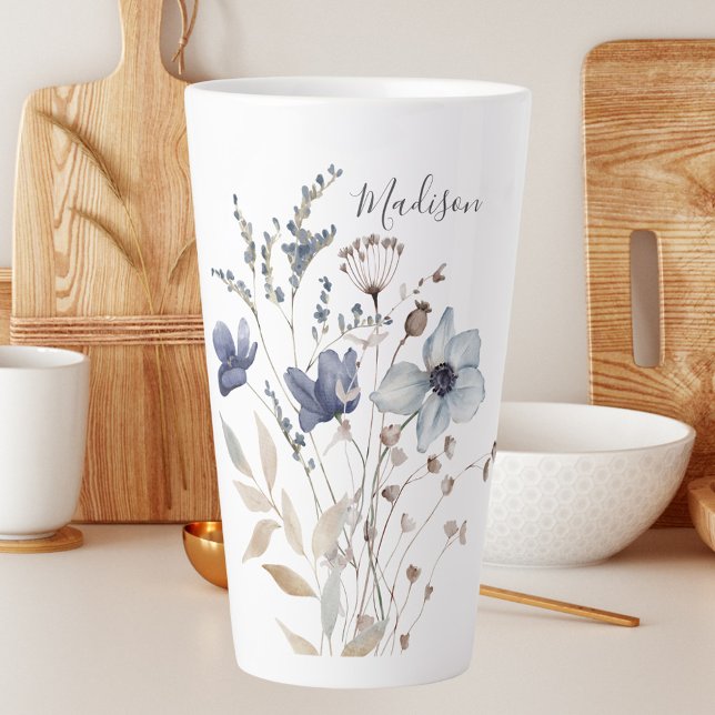 Monogrammed Chic Pretty Watercolor Blue Floral Latte Mug (In situ)