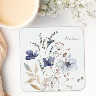 Monogrammed Chic Pretty Watercolor Blue Floral Square Paper Coaster