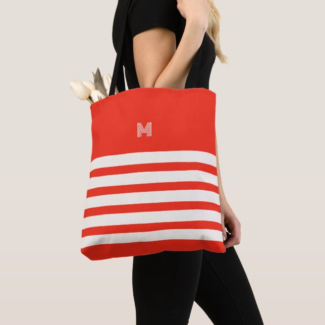 Monogrammed | Chic Stripes Cherry Tote Bag (Close Up)