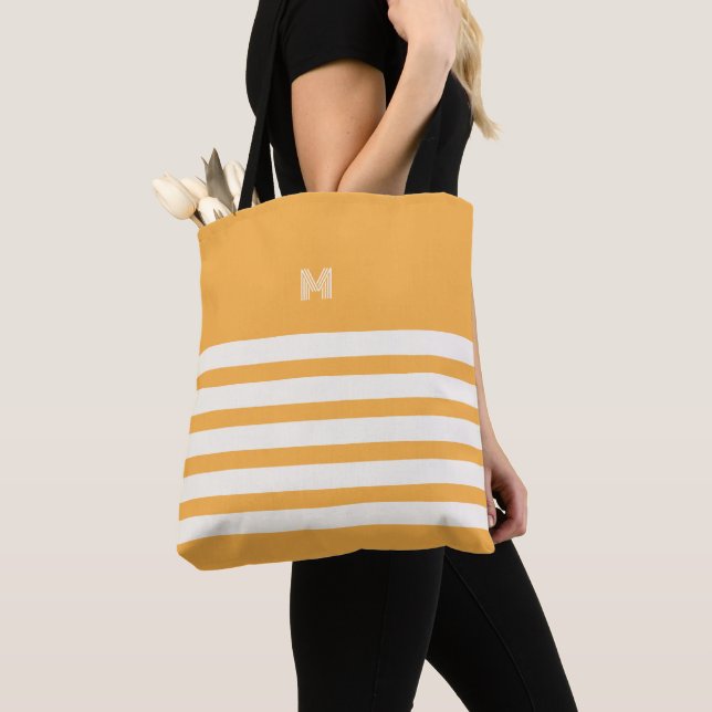 Monogrammed | Chic Stripes Gold Tote Bag (Close Up)