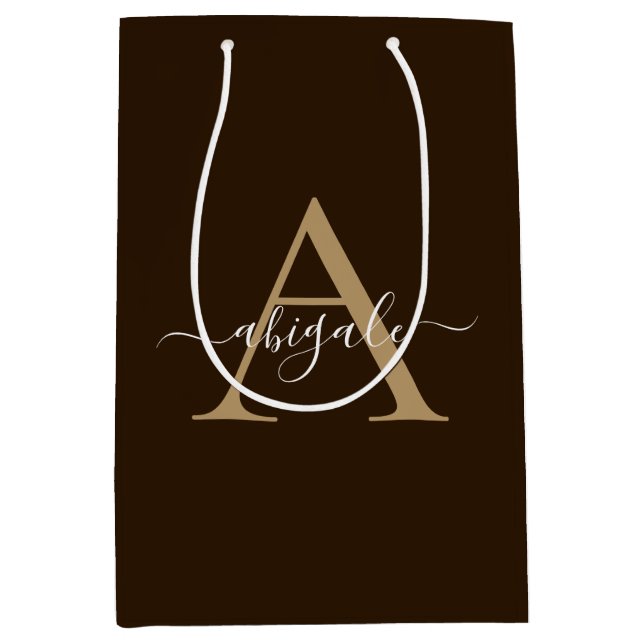 Monogrammed Chocolate Brown Gold | Minimal Elegant Medium Gift Bag (Front)