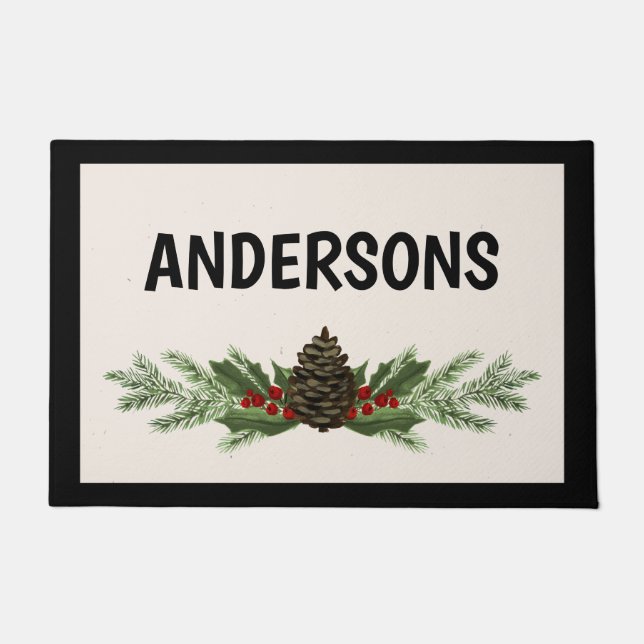 Monogrammed Christmas Doormat with Pine Greenery (Front)