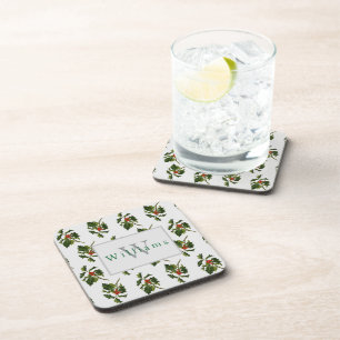 Monogrammed Christmas Holly Sprig Coaster