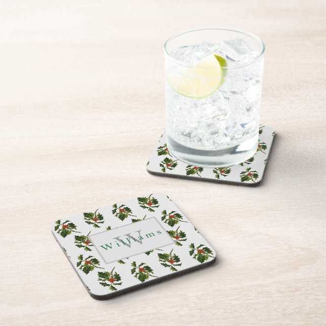 Monogrammed Christmas Holly Sprig  Coaster (Right Side)