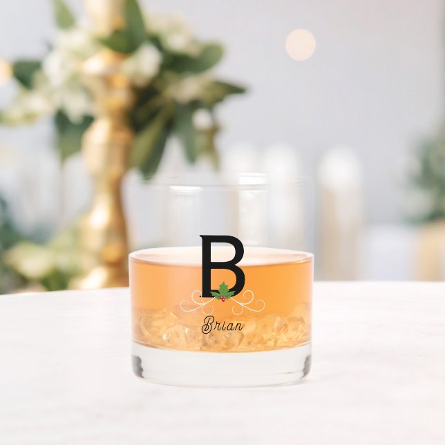 Monogrammed Christmas Holly Whiskey Glass (Insitu (Wedding))