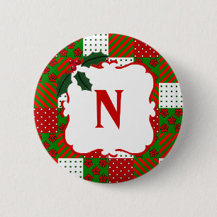 Monogrammed Christmas Quilt Patchwork 2 Inch Round Button