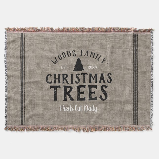 Monogrammed Christmas Tree Farm Grain Sack Throw Blanket (Front)