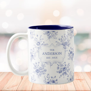 Monogrammed Classic Blue Flowers Floral Pattern Two-Tone Coffee Mug