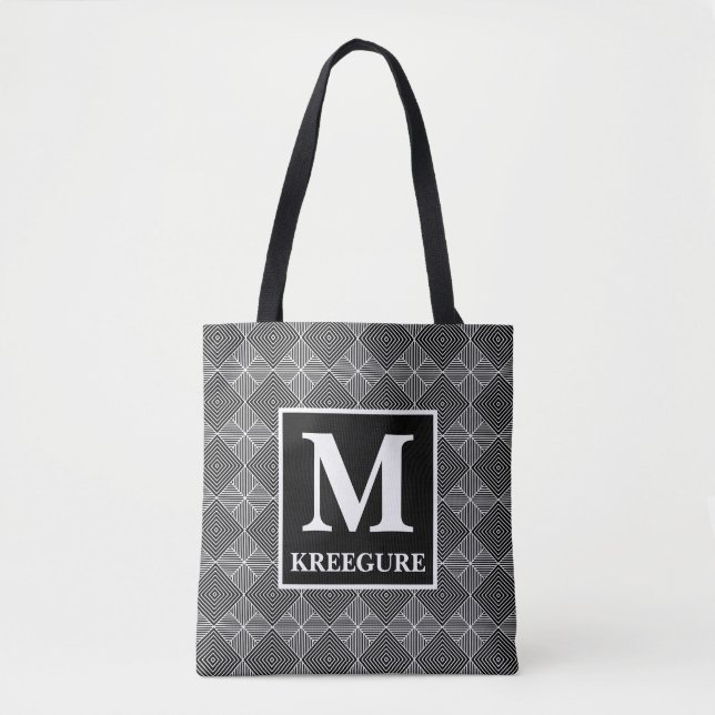 Monogrammed Classic Serif BW DEDS Argyle Tote Bag (Front)