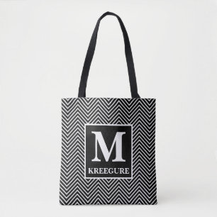 Monogrammed Classic Serif BW Thin Chevron Tote Bag