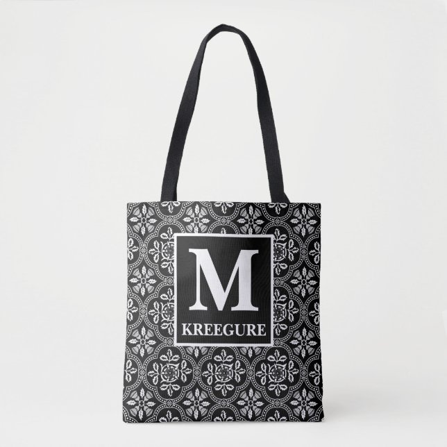 Monogrammed Classic Serif BW Thistle Damask Tote Bag (Front)