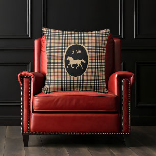 Monogrammed Classic Tartan Plaid Horse Mocha Brown Throw Pillow