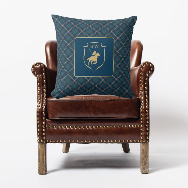 Monogrammed Classic Tartan Plaid Polo Equestrian  Throw Pillow (Creator Uploaded)