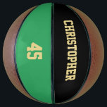 Monogrammed Club Team Player Name Number Custom Basketball<br><div class="desc">Create your own custom, personalized, faux gold elegant stylish typography / script / text / name on black and green background, regulation size, hand stitched basketball. Simply enter the player / team / club / school / college / event / tournament name, and player jersey number, to customize. While you...</div>
