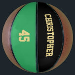 Monogrammed Club Team Player Name Number Custom Basketball<br><div class="desc">Create your own custom, personalized, faux gold elegant stylish typography / script / text / name on black and green background, regulation size, hand stitched basketball. Simply enter the player / team / club / school / college / event / tournament name, and player jersey number, to customize. While you...</div>