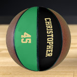 Monogrammed Club Team Player Name Number Custom Basketball<br><div class="desc">Create your own custom, personalized, faux gold elegant stylish typography / script / text / name on black and green background, regulation size, hand stitched basketball. Simply enter the player / team / club / school / college / event / tournament name, and player jersey number, to customize. While you...</div>