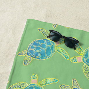 Monogrammed Coastal Sea Turtle  Blue yellow Green  Beach Towel