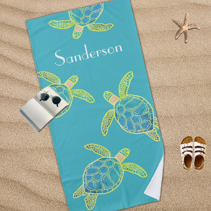 Monogrammed Coastal Sea Turtle  Blue yellow Green  Beach Towel