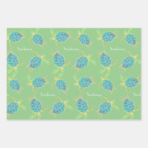 Monogrammed Coastal Sea Turtle  Blue yellow Green Wrapping Paper Sheet