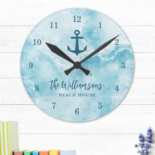 Monogrammed Coastal Teal Blue Beach House Round Clock (COASTAL WALL CLOCK)