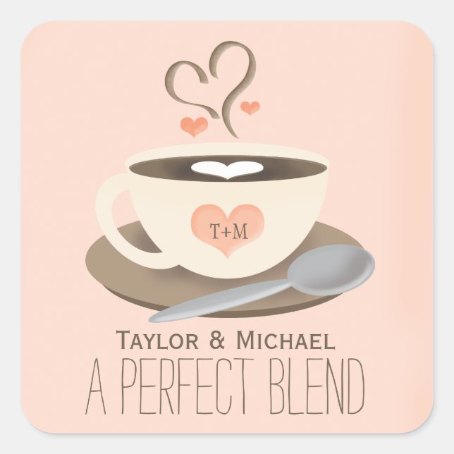 Monogrammed Coffee Cup Heart Wedding Party Favour Square Sticker (Front)