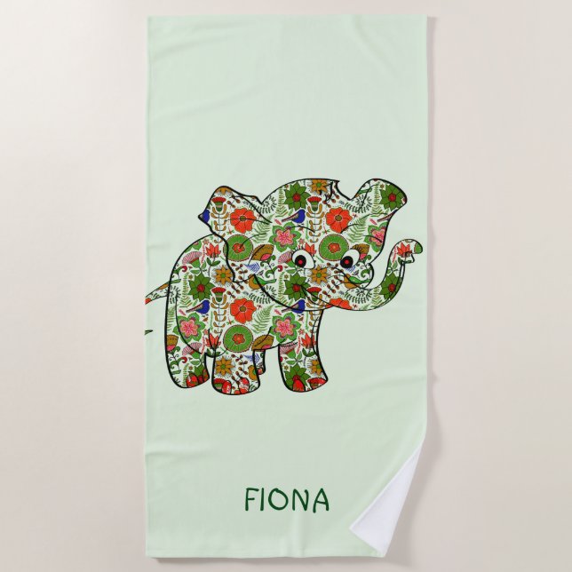 Monogrammed Colourful Baby Elephant Beach Towel (Front)