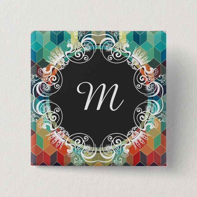 Monogrammed Colourful Cubes Geometric Pattern 2 Inch Square Button (Front)